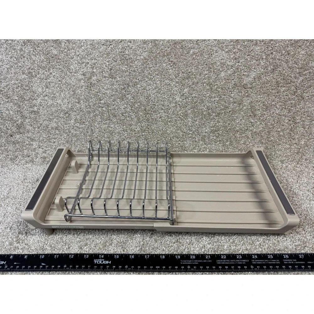Expandable Dish Drying Rack Beige Plastic Chrome Wire Kitchen Counter Organizer